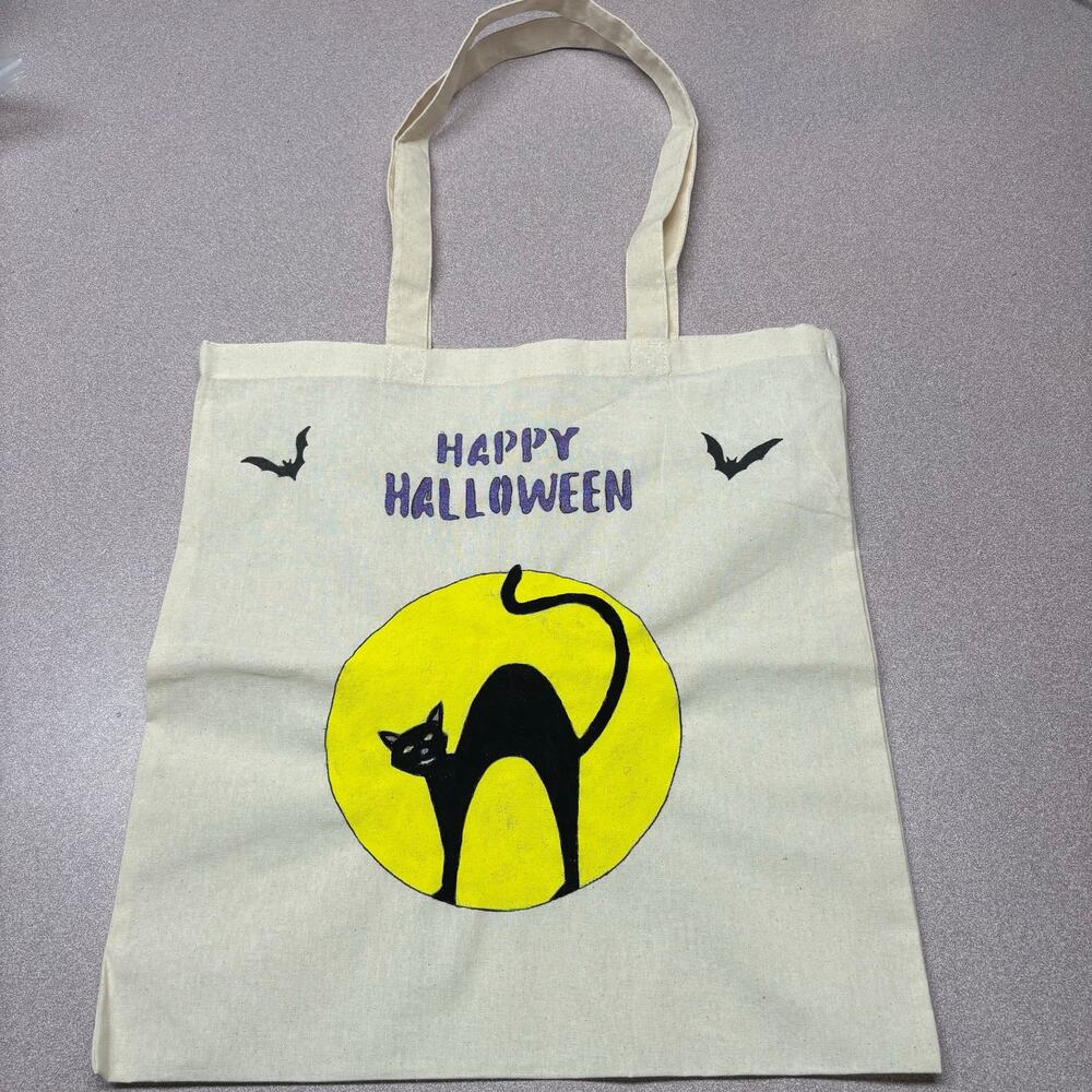 Hand Painted Black Cat Halloween Cotton Tote Bag